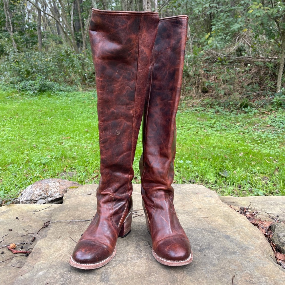Freebird by Steven knee high brown distressed boots